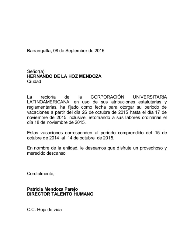 carta de solicitud de vacaciones