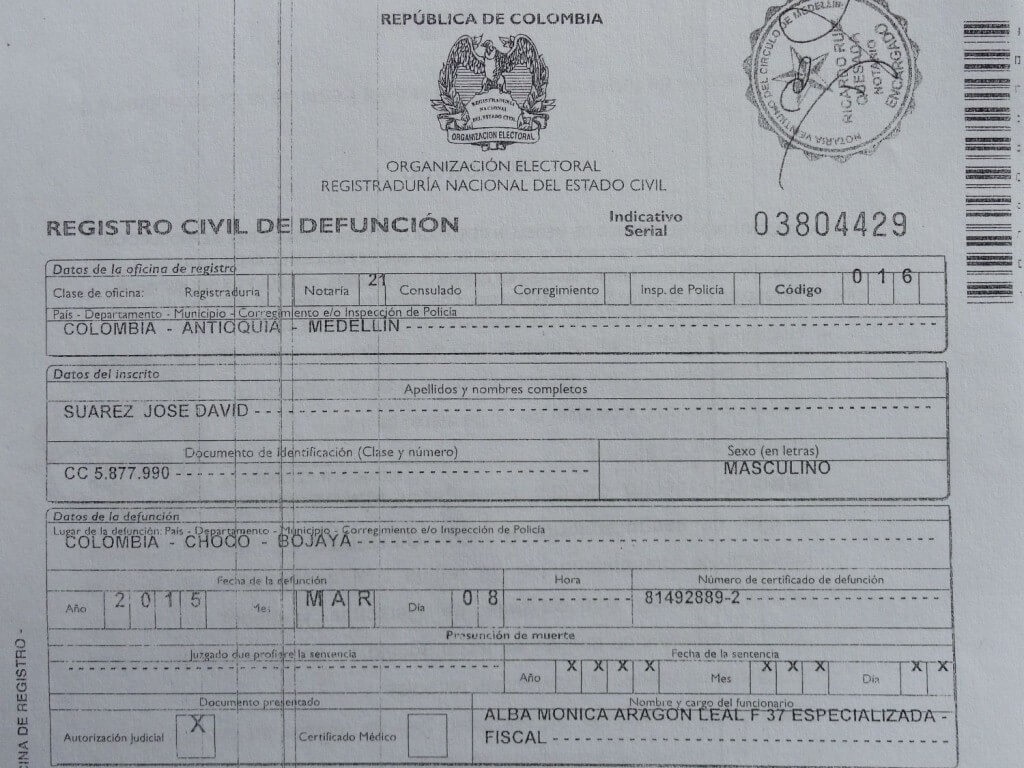 Llenado del acta de defunción en Colombia